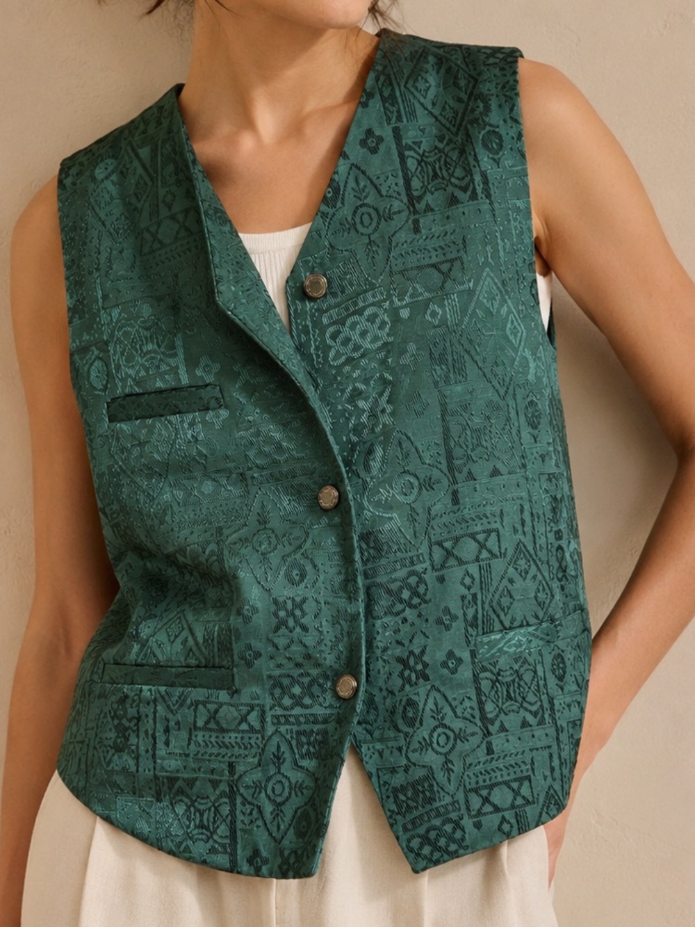 Vintage Men’s Ponti Collection by Phita Teal Green Jacquard Print Vest Sz Large
